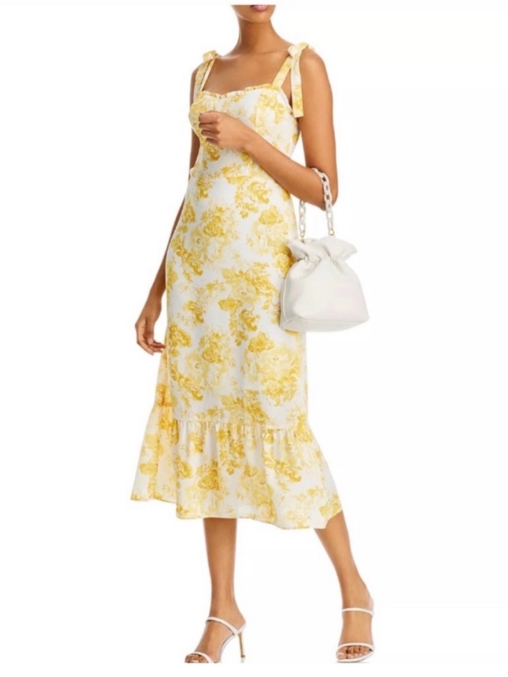 Aqua Yellow Floral Tie-Strap Midi Dress Ruffle Hem Romantic